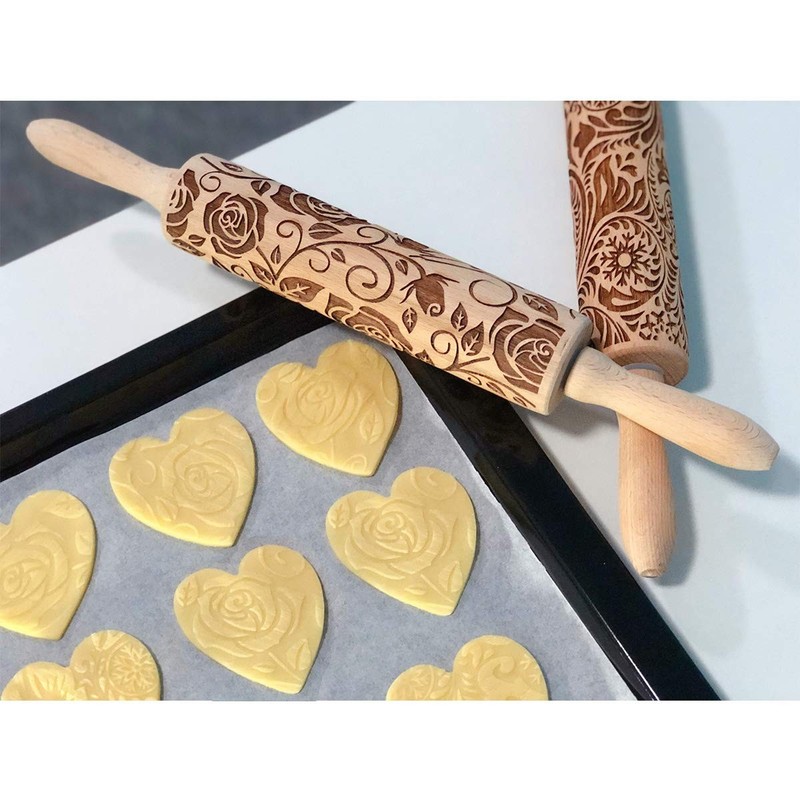 Floral Rose Embossed Rolling Pin for Baking Cookies Embossing Rolling Pins wi... gallery