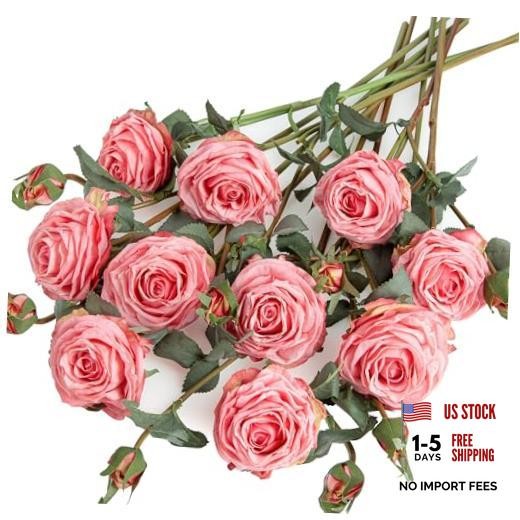 Artificial Rose Flowers Realistic Silk Burnt Edge Vintage Rose with Long Pink