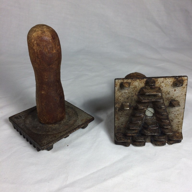 Metal COOKIE PRESS MOLD (PIE CRUST STAMP) W/ WOOD HANDLE Vintage Set of 2 A M