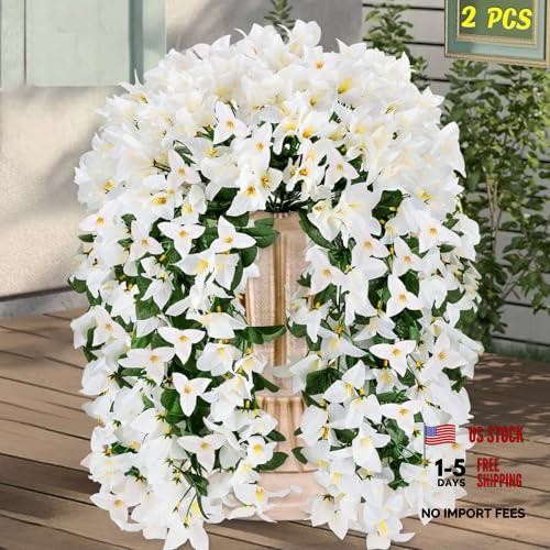 Artificial Bougainvillea Flowers for Outdoor Plant – 2 Pcs Faux Hanging – White