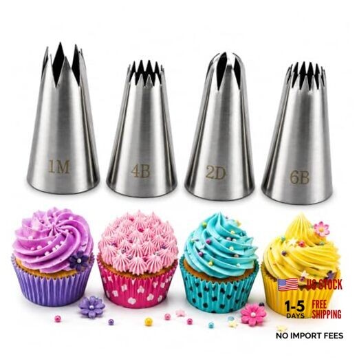 Piping Tips Set, 4PCS Large Cake Decorating Tips (1M 2D 4B 6B), Seamless 4Pcs