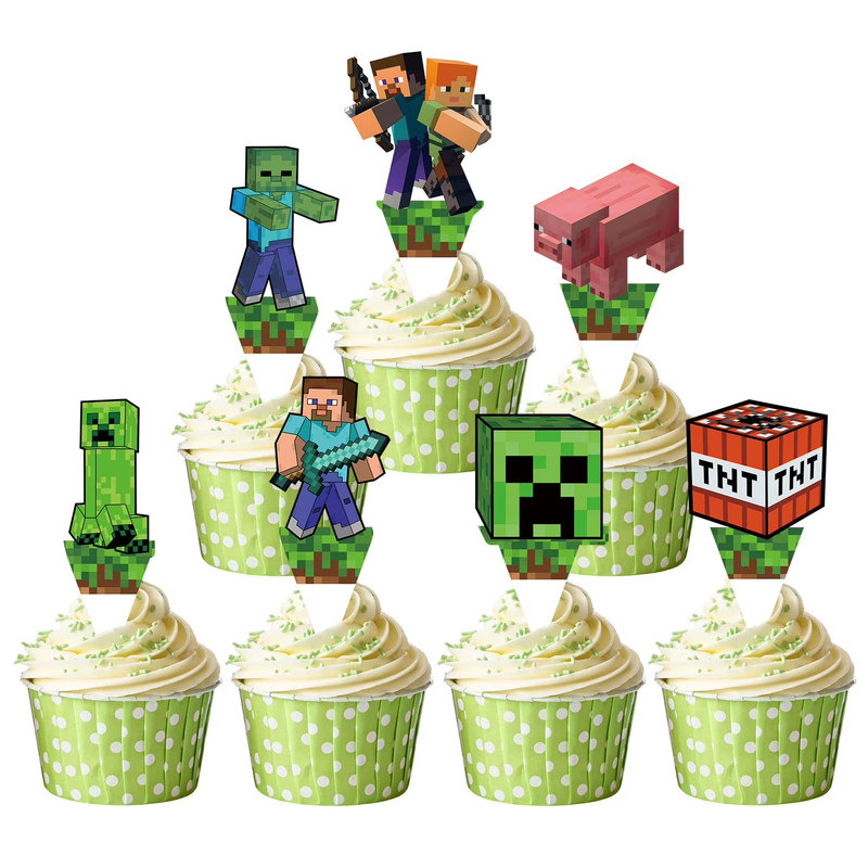 14 Pcs Pixel Gamer Cake Decor, Happy Birthday Topper, Party Supplies for KIds