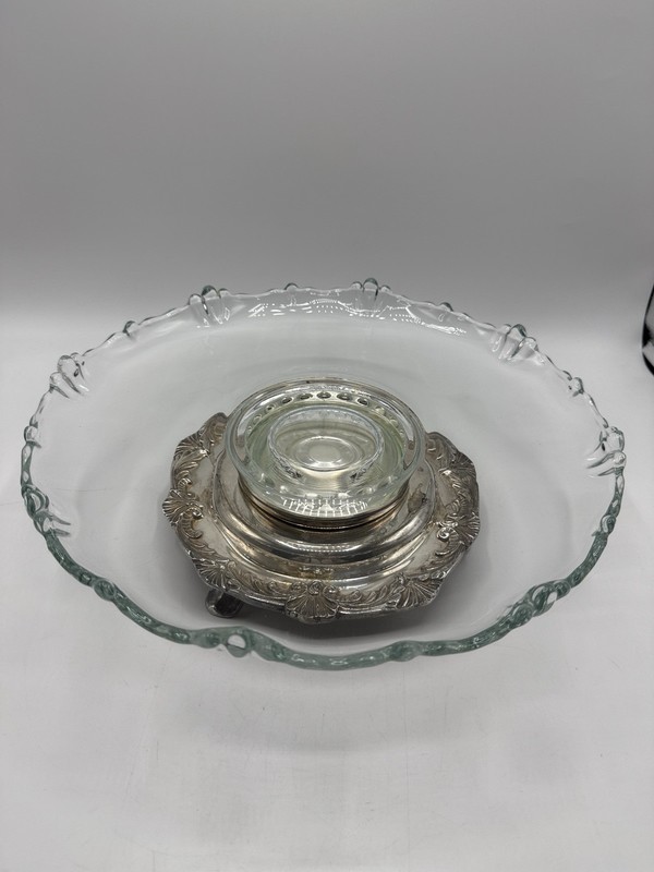 VINTAGE GLASS LAZY SUSAN CAKE STAND w SILVER PLATE BASE BY LB 12” /rb