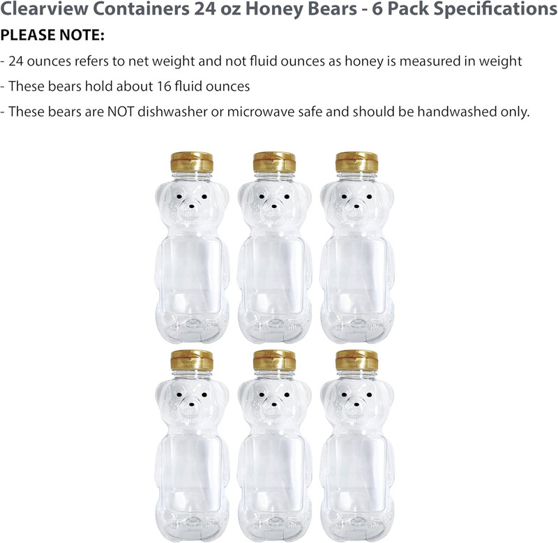 6 Pack of 24 Ounce Honey Bears with Sealable Gold Flip Top Lids (24 Oz. Bear, 6P gallery