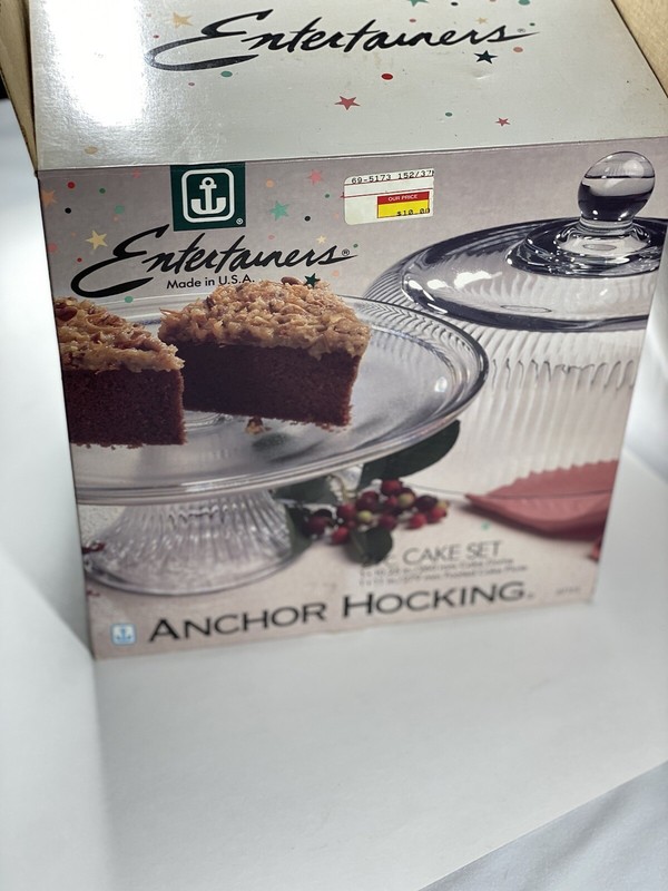 Anchor Hocking Entertainers Glass Domed Footed Cake Set Stand – USA made – NIB