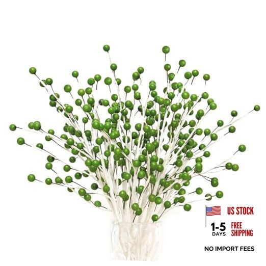 12 Pack Christmas Ornaments Artificial Berry Stems 14″ Fake Holly Berry Green