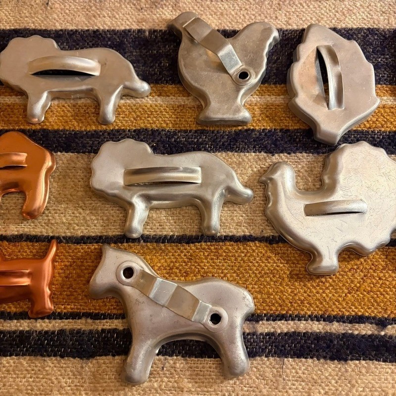Vintage Metal Cookie Cutters Set of 9 Animal Shapes Aluminum Copper Tone Handles gallery