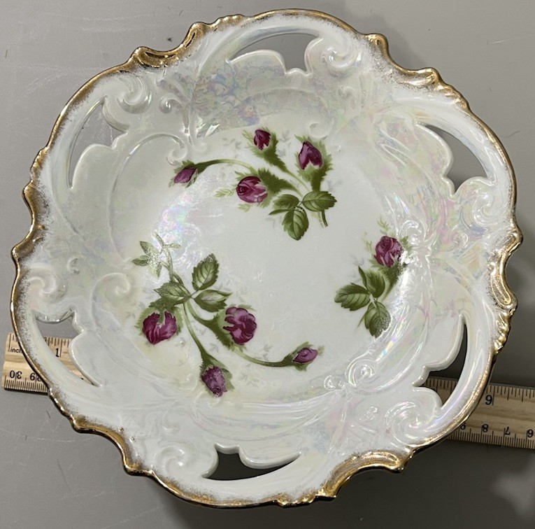 Vintage Tea Party Cake Stand Candy Dish Pedestal Reticulated w Floral PinkRoses