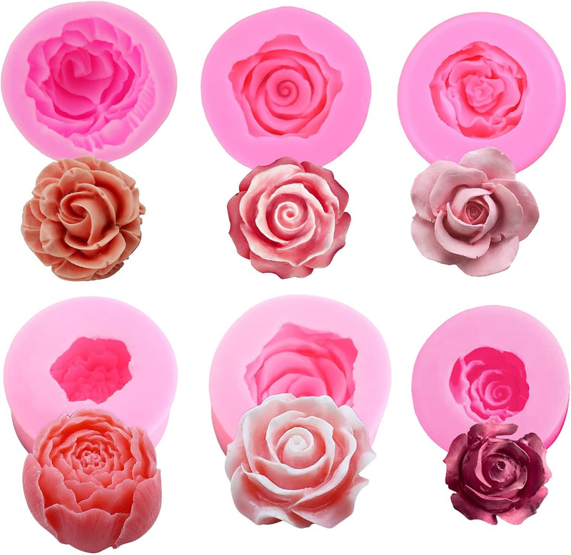 6 Pcs Flower Silicone Molds Set, Bloom 3D Rose Flower Fondant Silicone Molds fo
