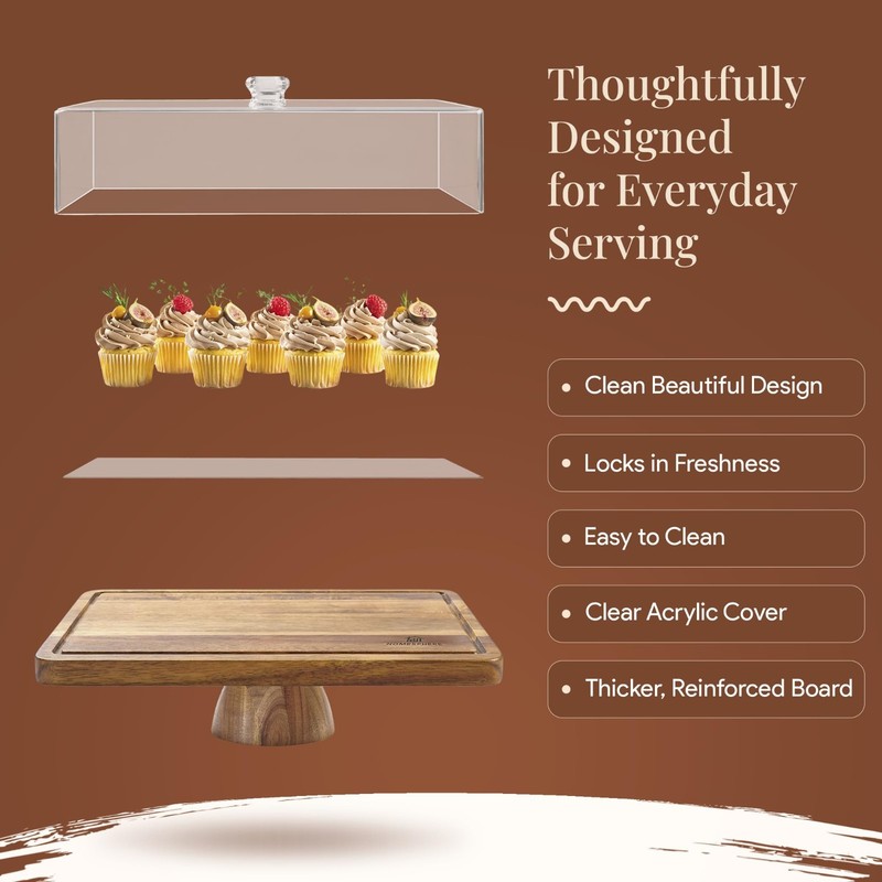 Acacia Wood Cake Stand with Lid - 2-in-1 Dessert Display & Charcuterie Board, La gallery