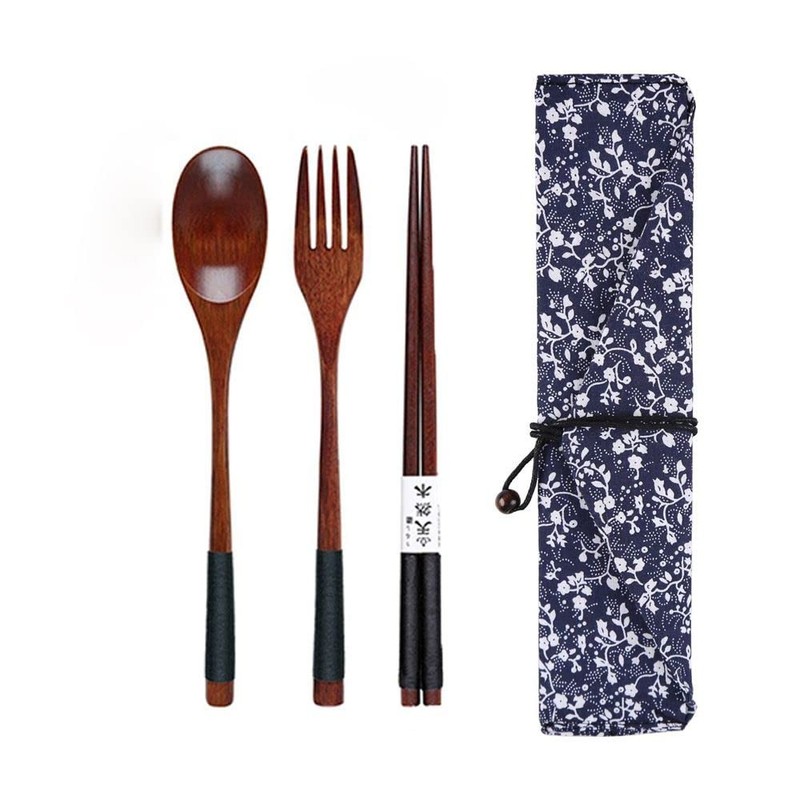 3PCS Wooden Flatware Wooden Spoon and Fork Chopsticks Reusable Tableware Set,…