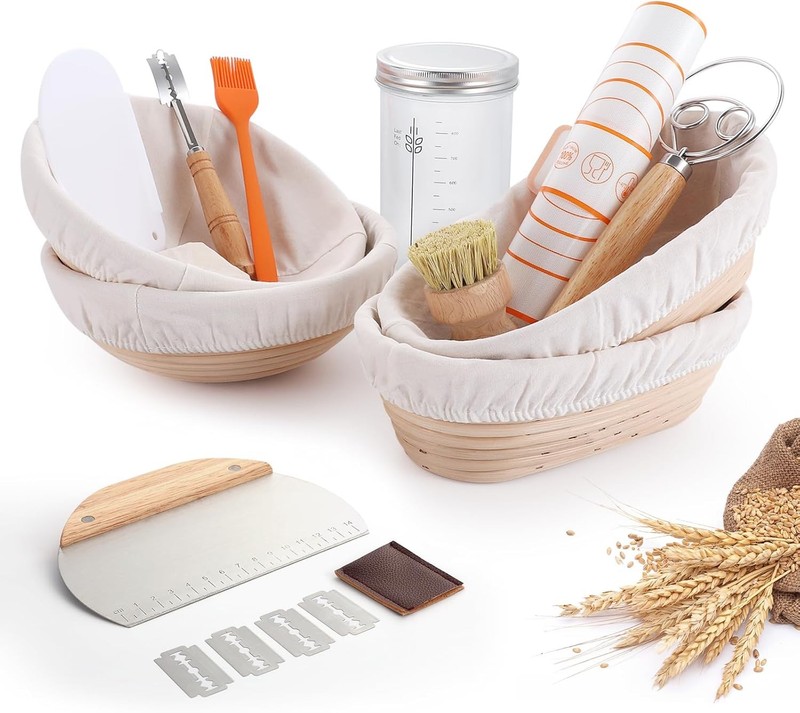 Bread Proofing Baskets 2 Oval 10″ & 2 Round 9″ Set with Bread Le, Whisk,