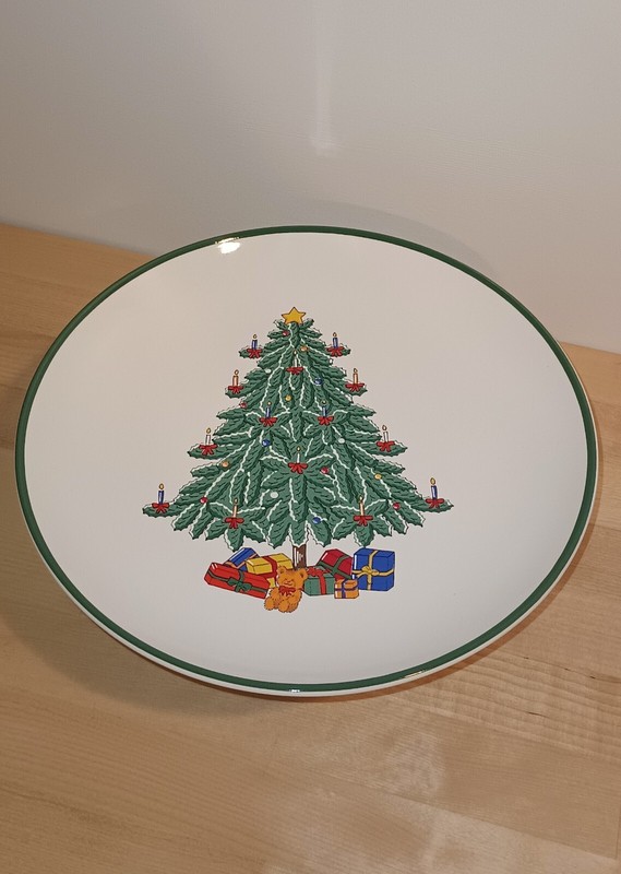 Pedestal Cake Stand Plate Christmas Tree Presents 10 1/2" Footed Made in Japan gallery