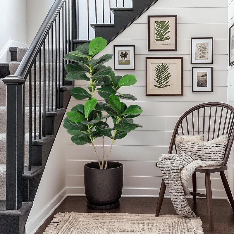 Gaomon 4Ft Fiddle Leaf Fig Artificial Tree Faux Floor Plant Black Planter Pot