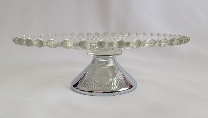 Vintage Starburst Glass Cake Cupcake Cheese Stand Beaded Design Metal Bottom gallery