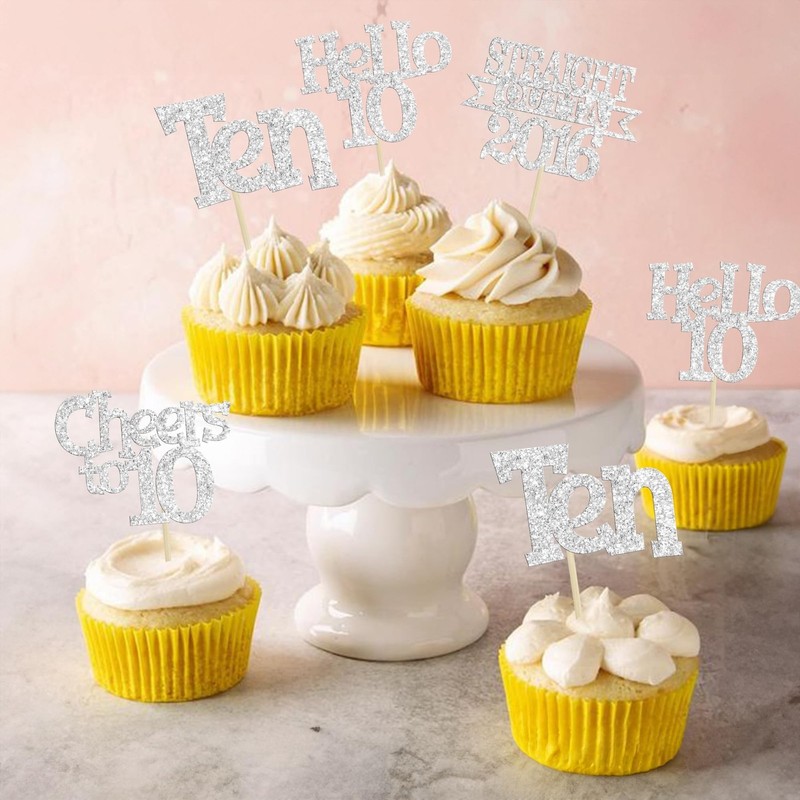 Ephlyn 24Pcs Happy 10th Birthday Cupcake Toppers Glitter Ten Cupcake Picks He... gallery