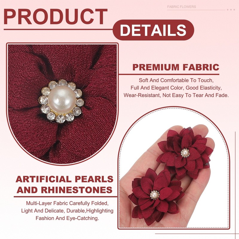 30Pcs Fabric Flowers 2" With Pearls And Rhinestones Bordeaux Color gallery