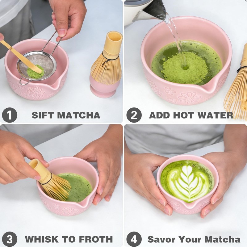 Matcha Whisk Set, Pink Ceramic Matcha Making Kit with Traditional Bamboo Whis... gallery