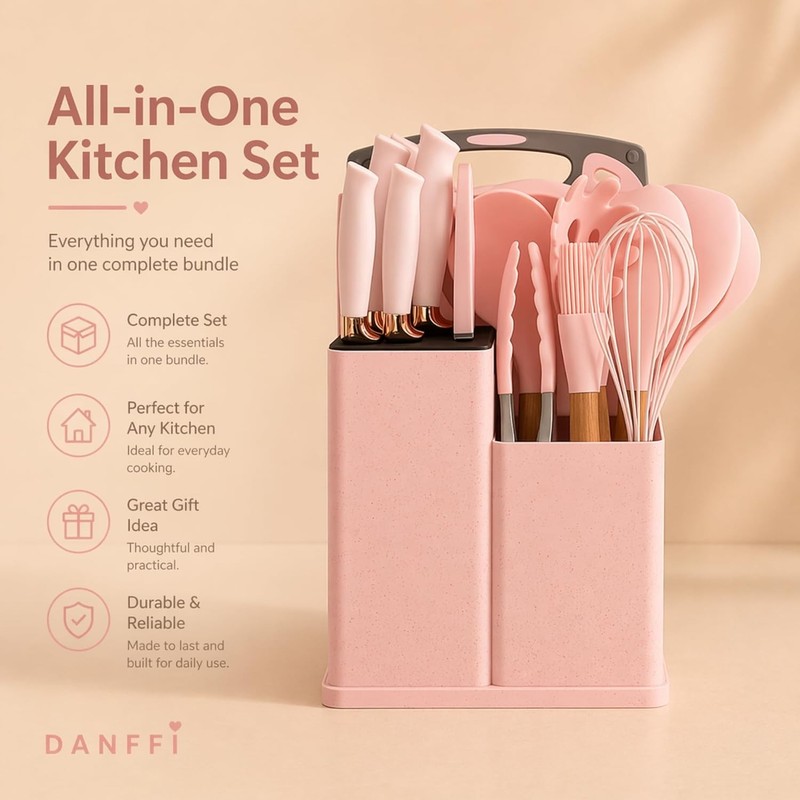 19-Piece Pink Kitchen Set for First Apartment - plete Silicone Cooking gallery