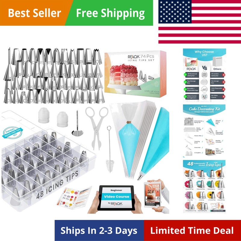 74 PCs Icing Piping Bags and Tips Set, Cake Decorating Kit with 48-Numbered P…