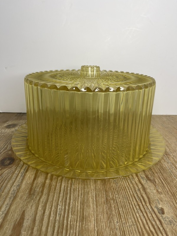 60's 70's Plastic Acrylic YELLOW Cake Plate & Dome Cover RARE Vintage gallery
