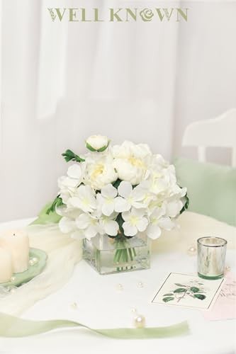 Fake Flowers in Vase, Hydrangea Ranunculus Artificial Flowers with Vase, White gallery