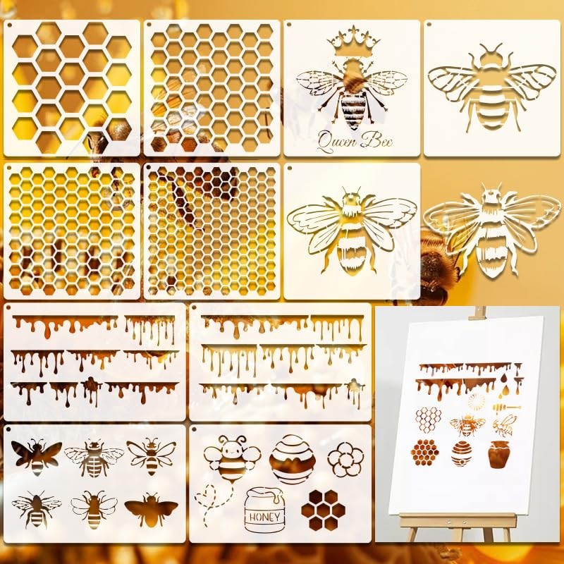 12PCS Reusable Bee & Honeycomb Stencils for Crafts and Baking Decor