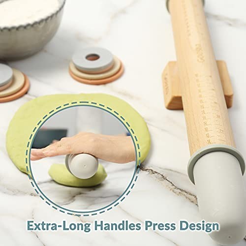 Adjustable Wood Rolling Pin with 5 Thickness Rings - Dough Roller for Baking, Pi gallery