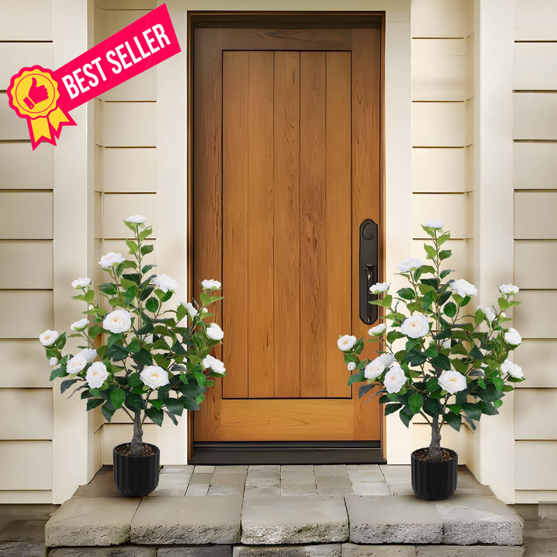 Hananona 2 Pcs Artificial Camellia Trees Faux Plant in Medium, White gallery