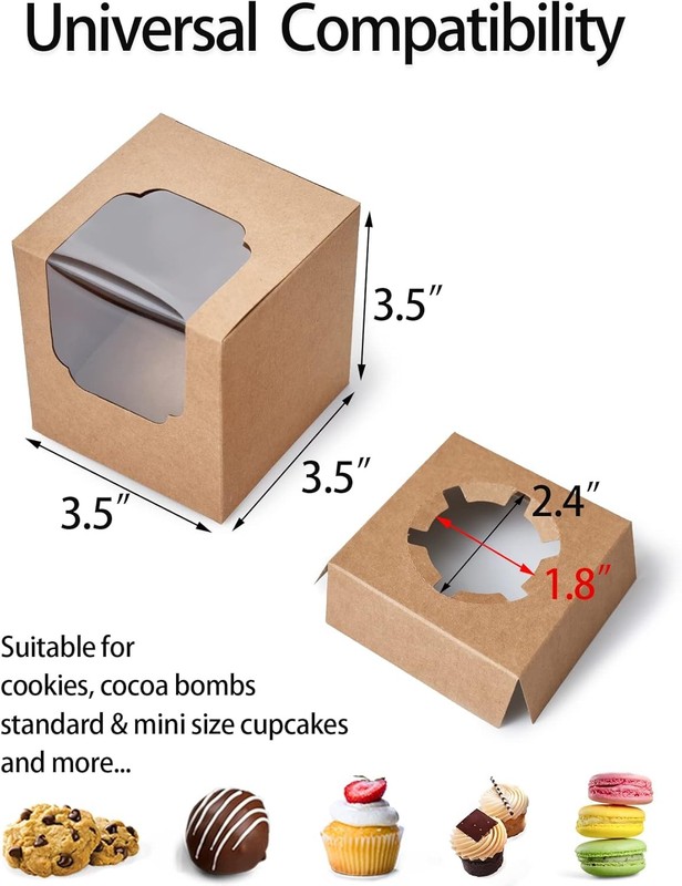 Cupcake Boxes 100 Pcs Bulk Brown Kraft IndividualBox, Single Containers Paper... gallery