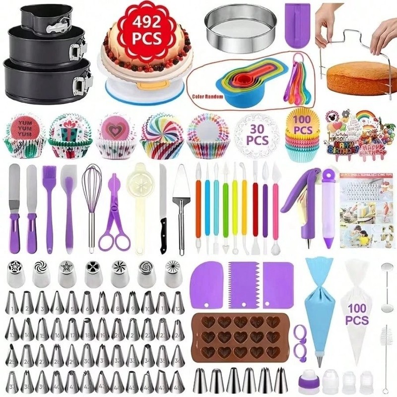 492pc Cake Decorating Kit Turntable Baking Pans Leveler 48 Tips Spatulas Bags gallery