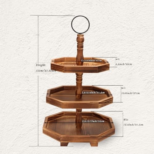Tiered Tray Stand Wood Tier Serving Tray, Three Hexagonal-Dark Brown gallery