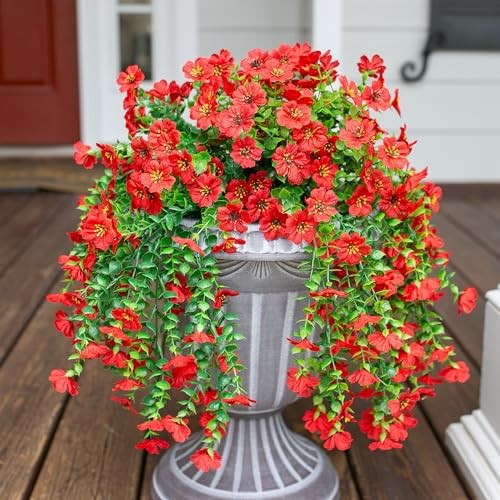 Artificial Hanging Flowers for Outdoors Decoration, 2Pcs Fake Spring Red gallery
