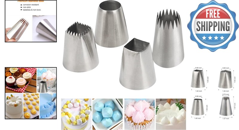 4-Pack X-Large Frosting Tips - Stainless Steel for Elegant Cake Design gallery