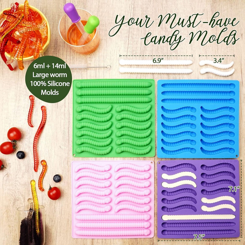 Gummy Worm Molds Silicone 6ML 14ML, 4PCS Non-Stick Silicone Large Worm Molds for gallery