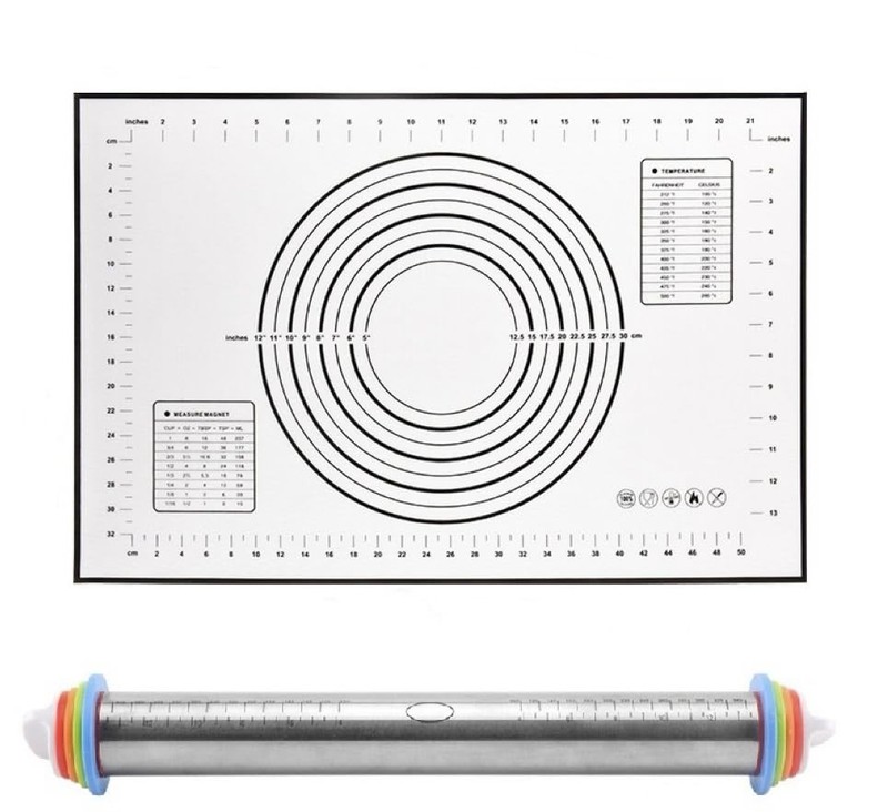 Black Stainless Steel Dough Rolling Pin Adjustable Rings Silicone Mat Set gallery