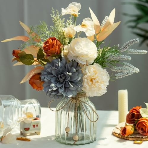 Dahlia Flower Aritificial Flower with Vase Fake Silk Flowers in Glass Blue