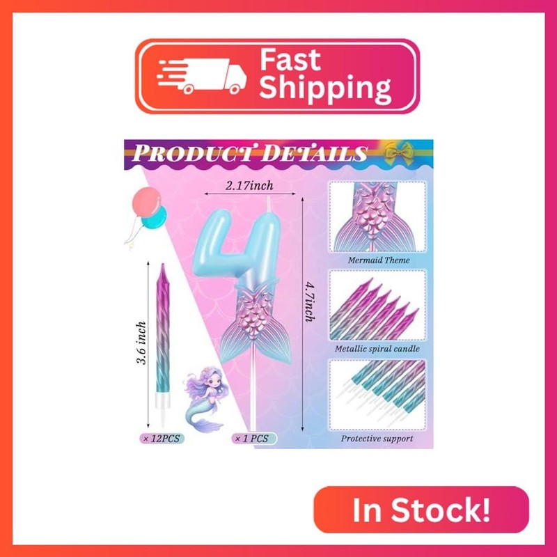 Mermaid Birthday Candles for Girls, 13 Pcs Number 4 Cake Topper with 12 Spiral R gallery