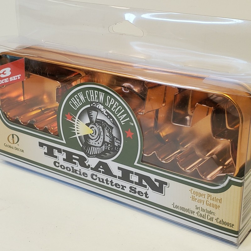 Chew Chew Train Cookie Cutter Set Cooper Plated Locomotive Coal Car Caboose VTG gallery