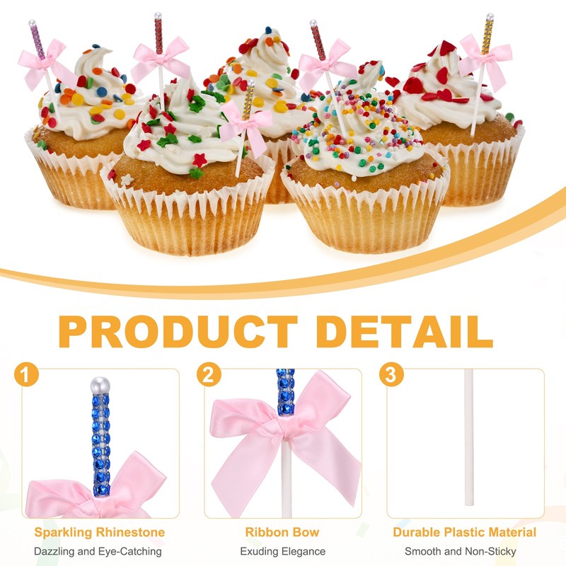 24PCS Bling Rhinestone Cake Sticks Bow Lollipop Cake Toppers Pick Blue gallery