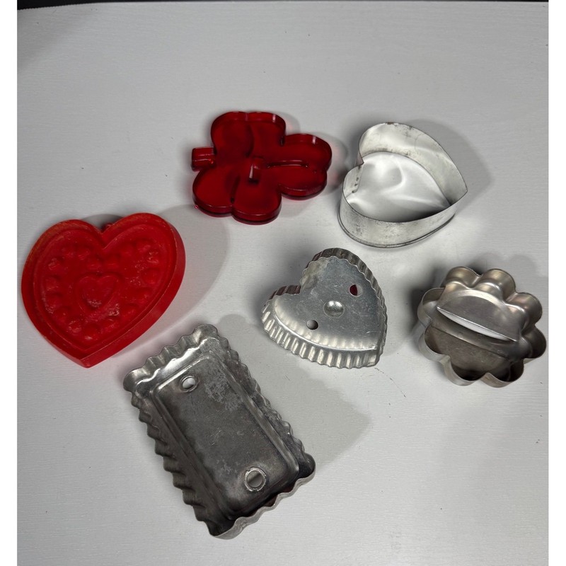 Vintage Cookie Cutters Set of 6 Hearts Clover Spring Shapes Metal Plastic Tools gallery