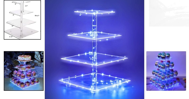 4-Tier Blue Acrylic Pastry Stand with Decorative LED Lights for Celebrations gallery