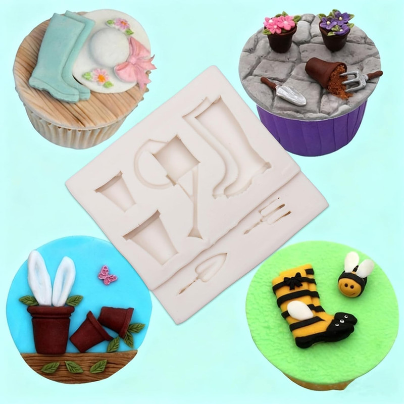 Silicone Gardening Tools Theme Fondant Molds with Flower Pot Rain Boots Watering gallery