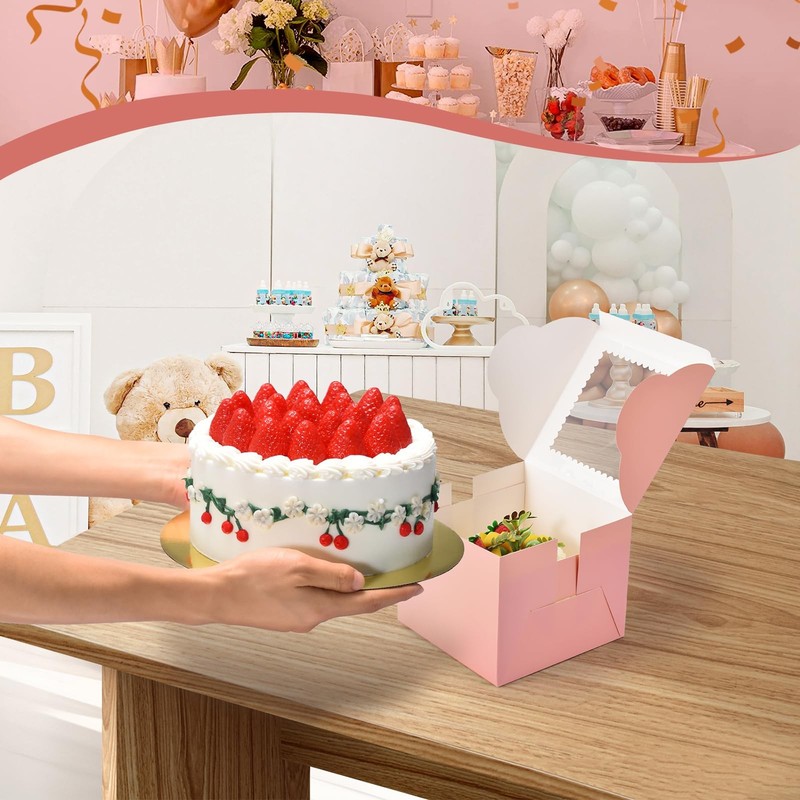 20Pcs Mini Cake Boxes with Window, 6x6x5 Inches Pink Bakery Boxes, Small 4 Cu gallery