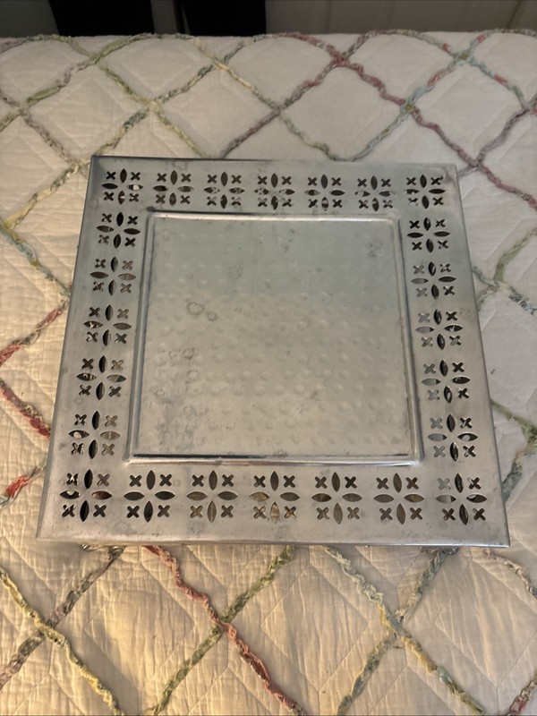 Vintage Silver 14" Square Cake Stand Display Party Riser With Cutouts. Aluminum? gallery