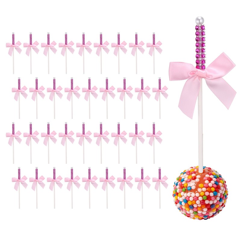 36 Pcs Bling Rhinestone Cake Sticks, Bow Lollipop Cake Toppers Pick, Pearl Color