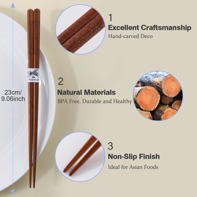 5 Pairs Reusable Chopsticks Japanese Natural Wooden Hand Carved 8.8 Inch gallery