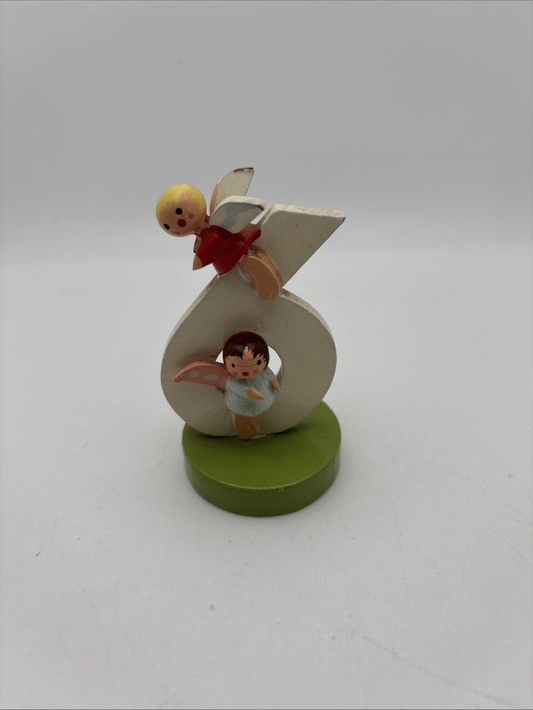 Vintage Sevi SIX Birthday Cake Topper 3” Figurine Wood Angels Italy