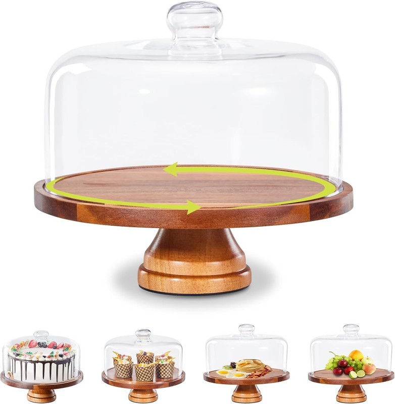 Glass Cake Stand W/ Lid,11in Wooden Rotating Cake Stand W/ Dome Cover Cake Plate