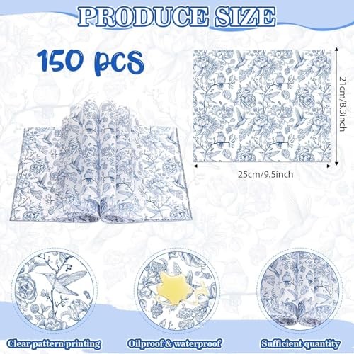 150Pcs Blue Floral Wax Paper for Food Chinoiserie Blue White Flower Decorative gallery